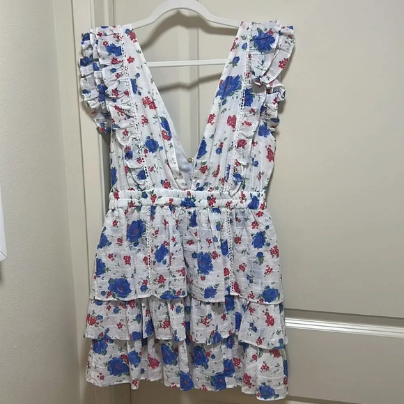 LoveShackFancy “Bennett” Mini Floral Ruffle Dress - NWT, SZ L White Blue and Red - Picture 7 of 14